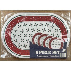 Vintage Christmas 8pc Vinyl Placemats & Coasters Set Holiday Holly Berries